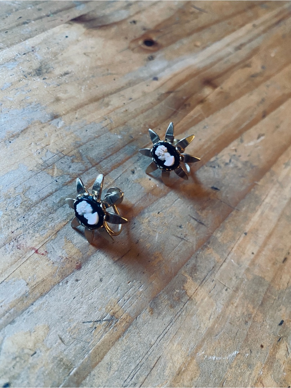 Gold-Tone Cameo Flower Stud Earrings - Black and White